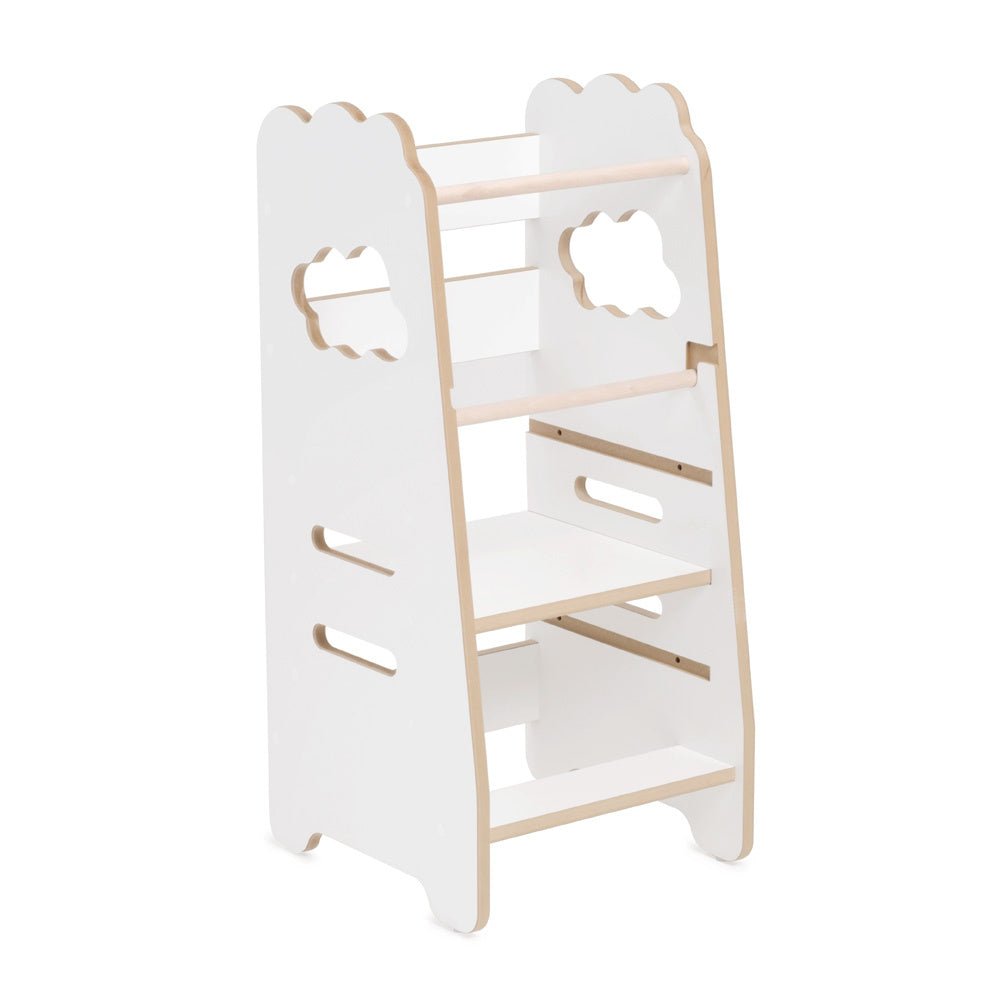 Tour d'apprentissage enfant - blanc nuage, bois, 2 niveaux, montessori en bois, tabouret pour enfant - Plush Nest - myplayground