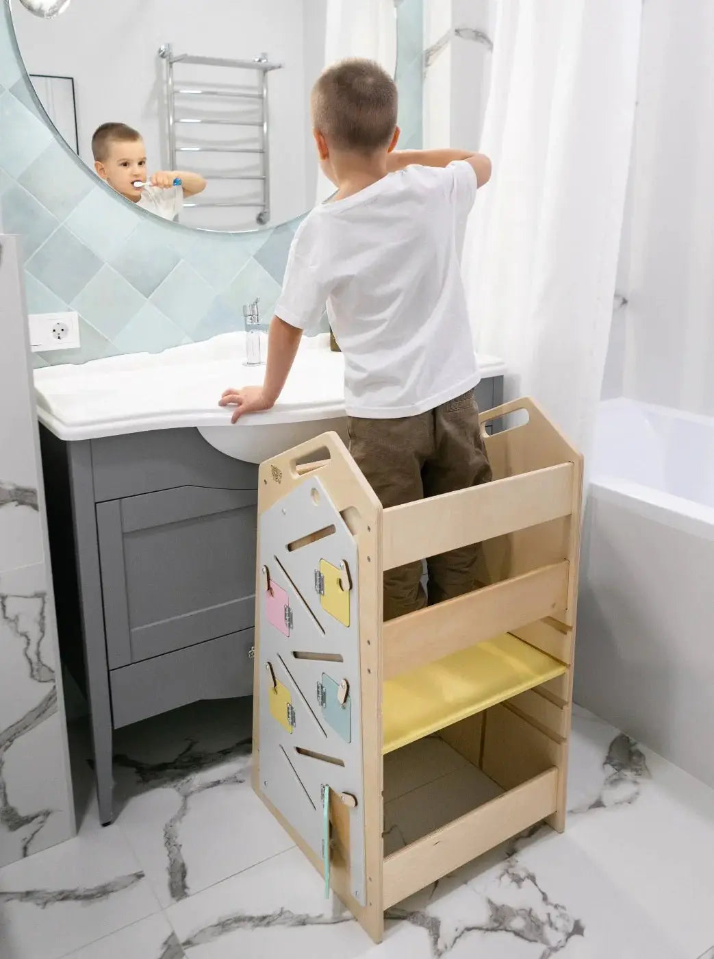 Tour d’Apprentissage Multifonctions 5 en 1 Play XL -Bois Brut (non verni), 18 à 24 mois - BusyKids by BusyKids