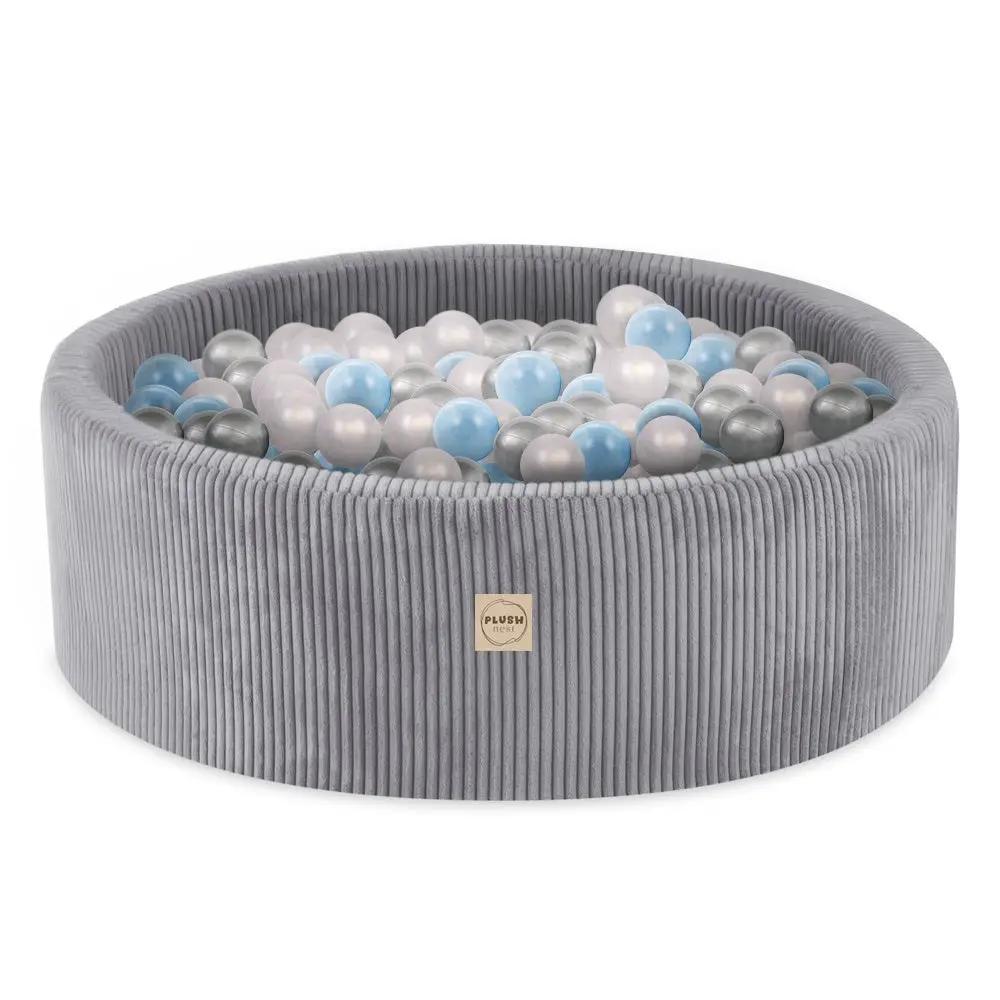Terrain de jeu 3 éléments + dry pool 90x30 – Velours côtelé gris premium (+200 balles : perle, argent, bleu clair), aire de jeux – Plush Nest by Misioo
