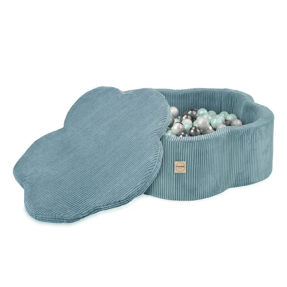 Piscine à balles avec tapis, 95x30, bleu, velours côtelé premium, Floral Fun Zone (+ 200 boules perle, perle menthe, argent) - Plush Nest - Misioo by Misioo