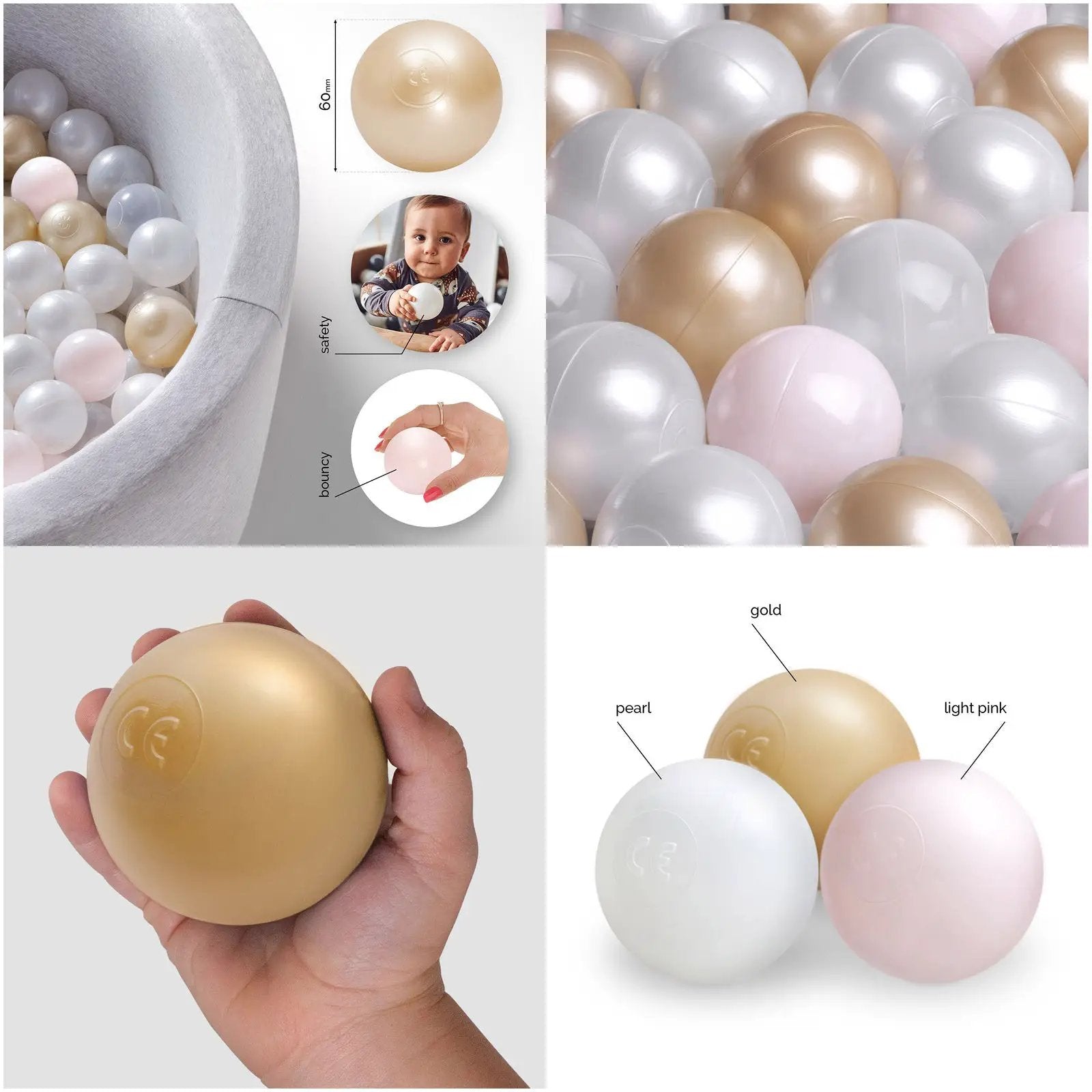 Boule de piscine à balles - 6 cm, lot de 200 pcs : perle, or, rose clair - Plush Nest - Misioo by Misioo