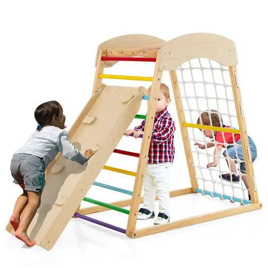 6-in-1 Jungle Gym Wooden Indoor Playground with Double-Sided Ramp and Monkey Bars-Multicolor by myplayground