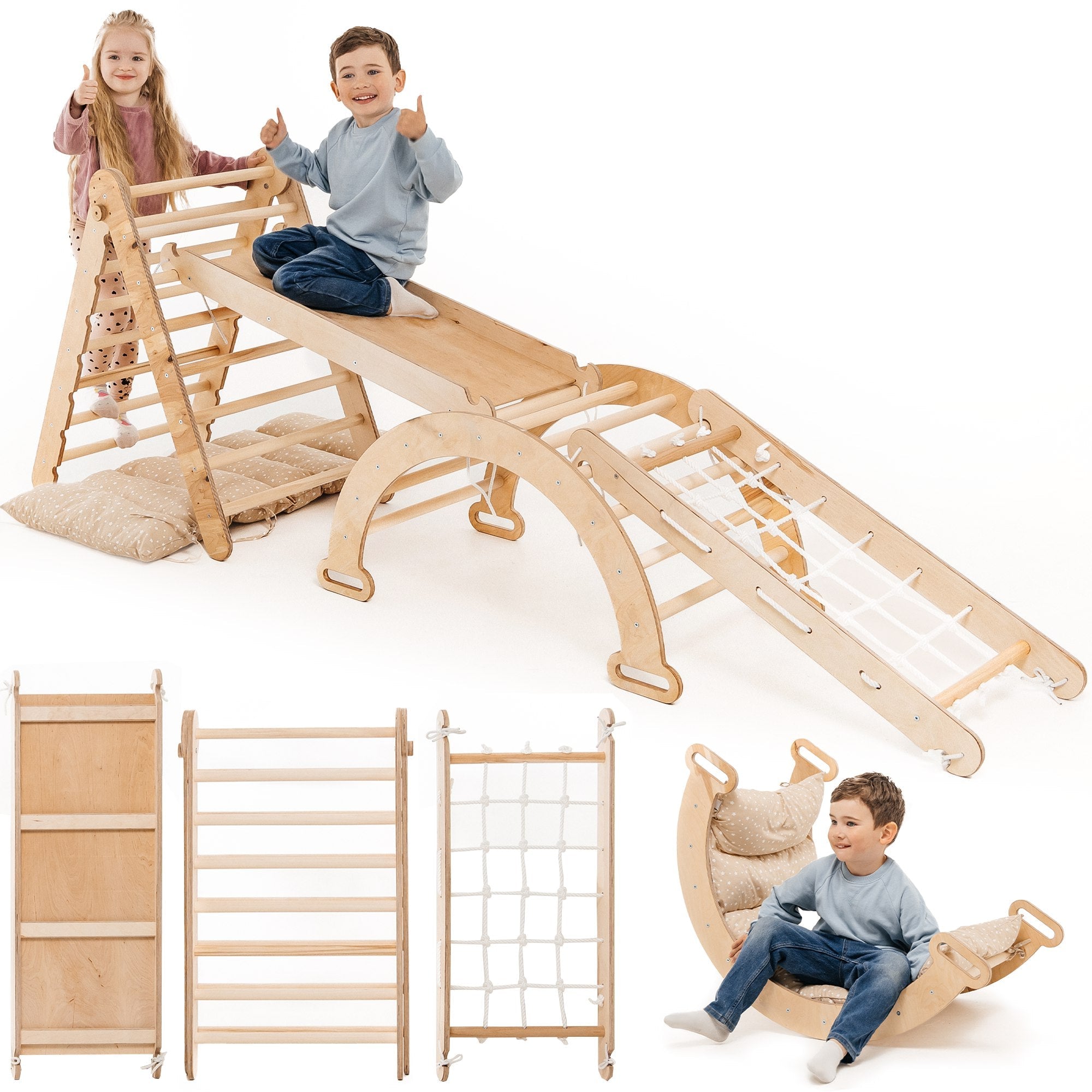 5in1 Montessori Klettergerüst Set: Kletterdreieck mit Rutsche, Kletterbogen, Kletternetz und Kissen, für Kinder 1 - 7 Jahre – Beige - myplayground