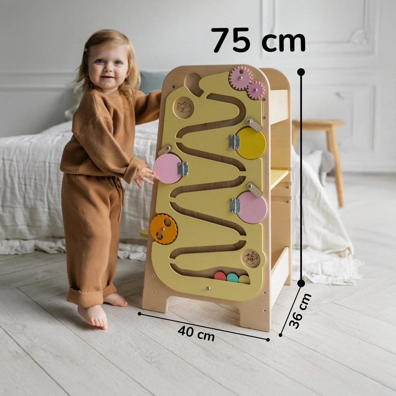 Tour d’Apprentissage Multifonctions 5 en 1 - vanille, bois brut (non verni), 18 à 24 mois - BusyKids - myplayground