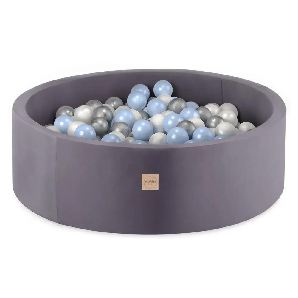 Piscine à balles, gris, ronde, velours, 90x30 (200 boules : bleu clair, argent, perle) - Plush Nest- Misioo by Misioo