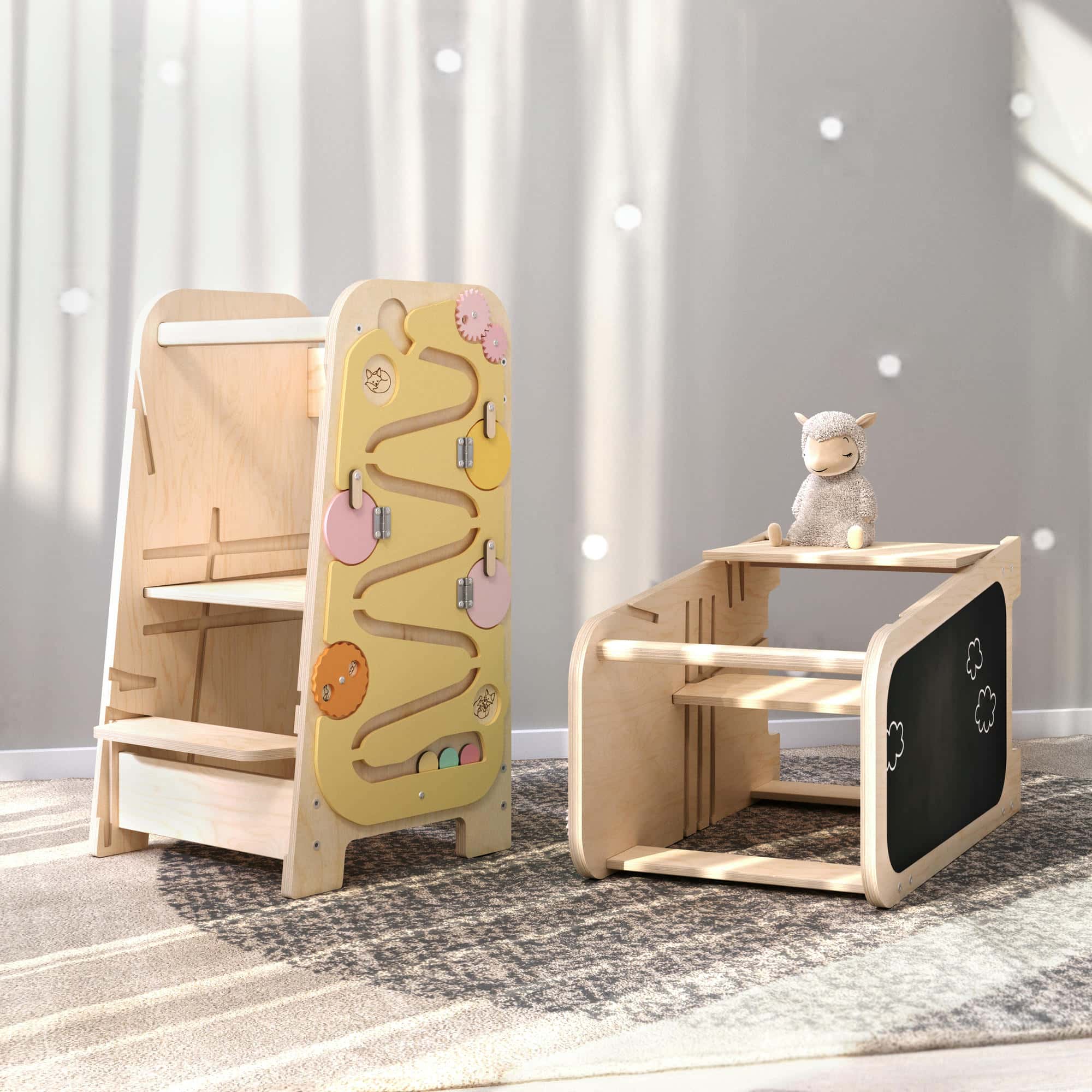 Tour d’Apprentissage Multifonctions 5 en 1 - vanille, bois brut (non verni), 18 à 24 mois - BusyKids - myplayground