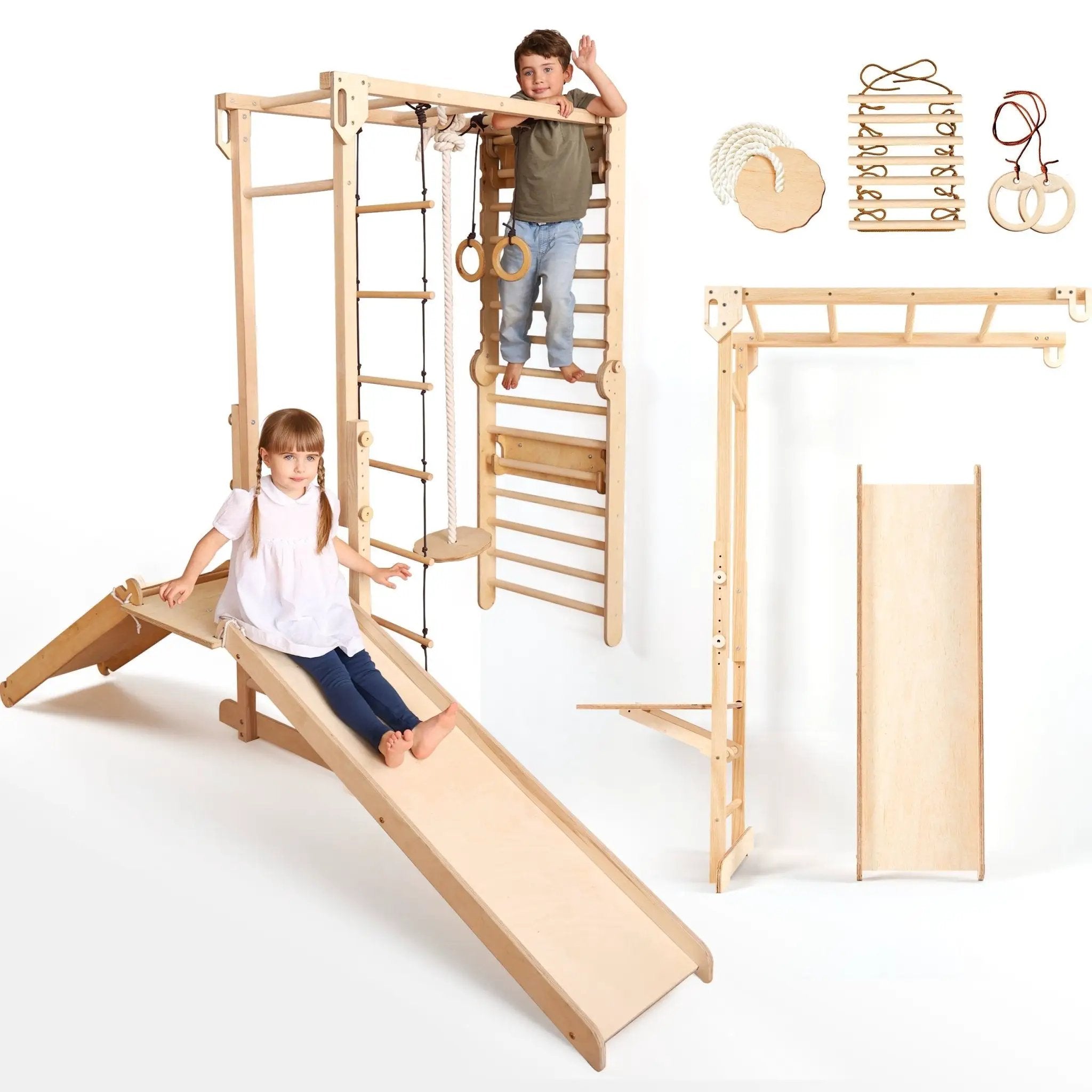 7 - in - 1 Dschungel - Spielset für Kinder: Sprossenwand + Kletterstange + Schaukelset + Rutsche + Kletterrampe - myplayground