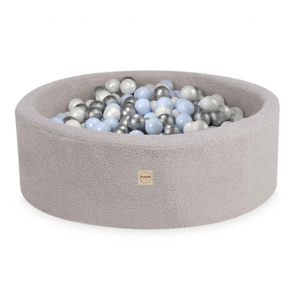 Piscine à balles, ronde, 90x30 cm, agneau gris (+ 200 boules argent, perle, bleu clair) - Plush Nest - Misioo - myplayground