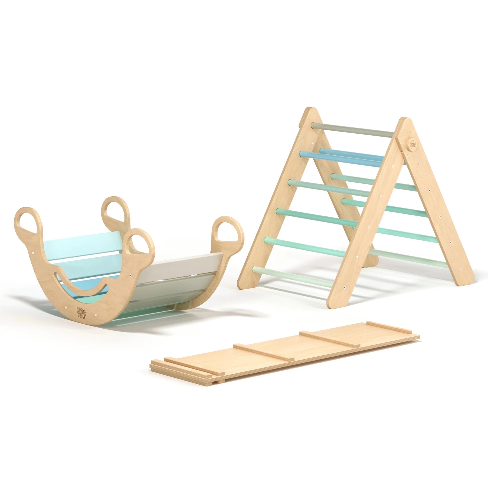 Ensemble triangle pikler + planche + bascule d’équilibre - menthe, bois Natura, 12 à 18 mois - BusyKids - myplayground