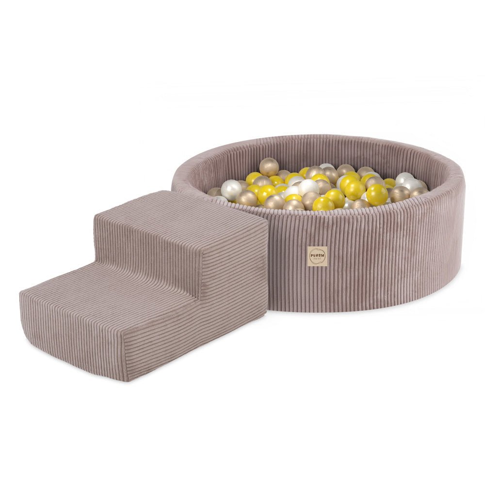 Terrain de jeu Dry pool + marche - Velours côtelé beige premium, (+200 balles : perle, or, jaune) – Plush Nest - myplayground