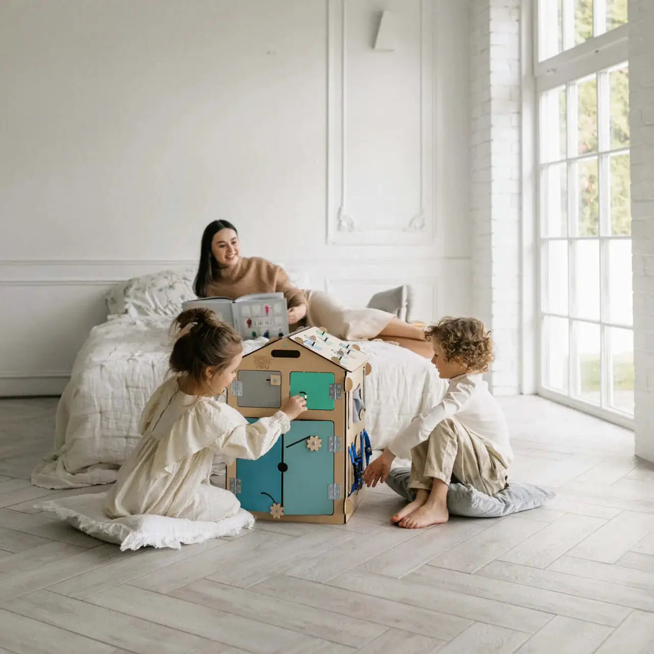 Ensemble Maisonnette et Cube Interactif - menthe, bois natura, 12 à 18 mois - BusyKids by BusyKids