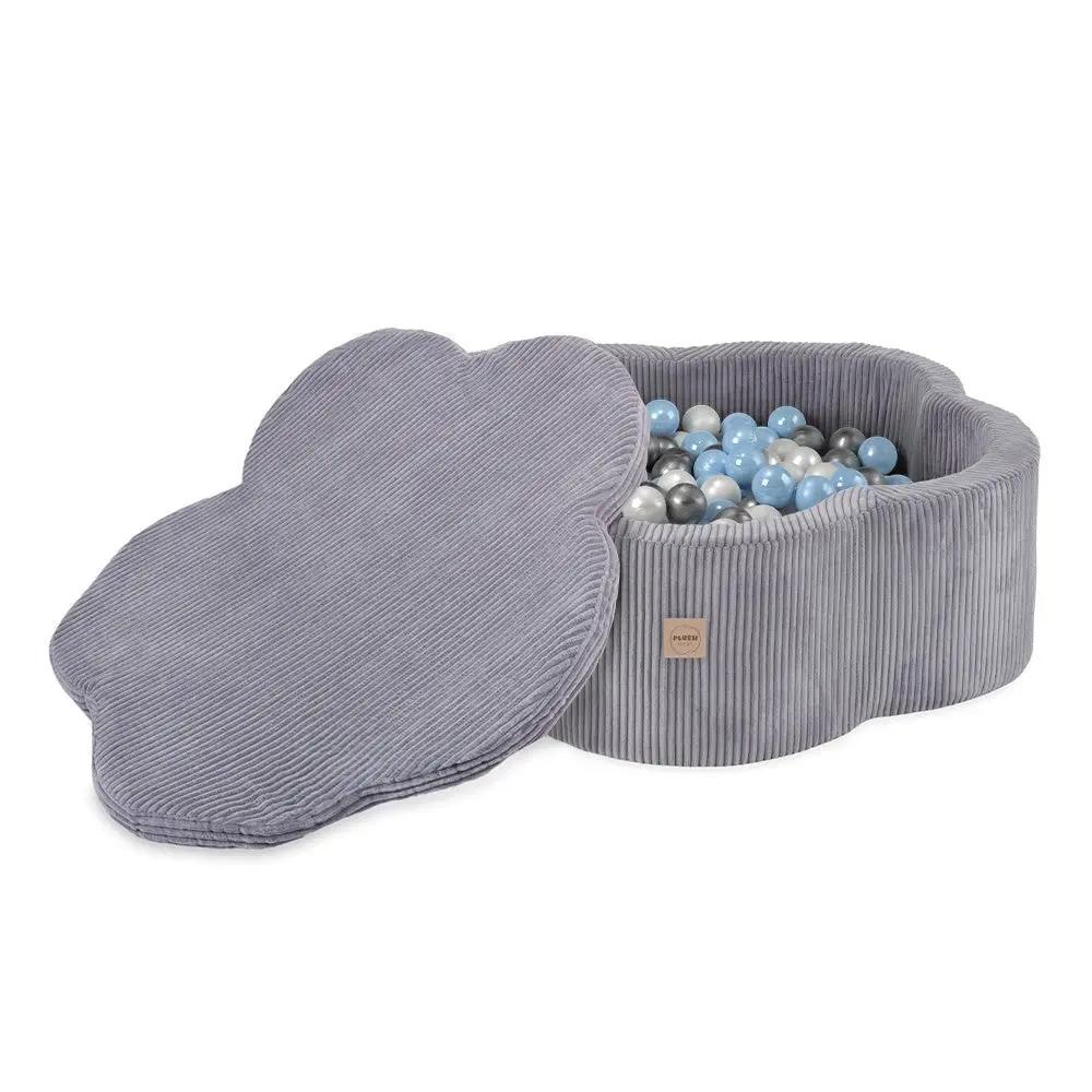 Piscine à balles avec tapis, 95x30, gris clair, velours côtelé premium, Floral Fun Zone (+ 200 boules perle, argent, bleu clair)-Plush nest - Misioo by Misioo
