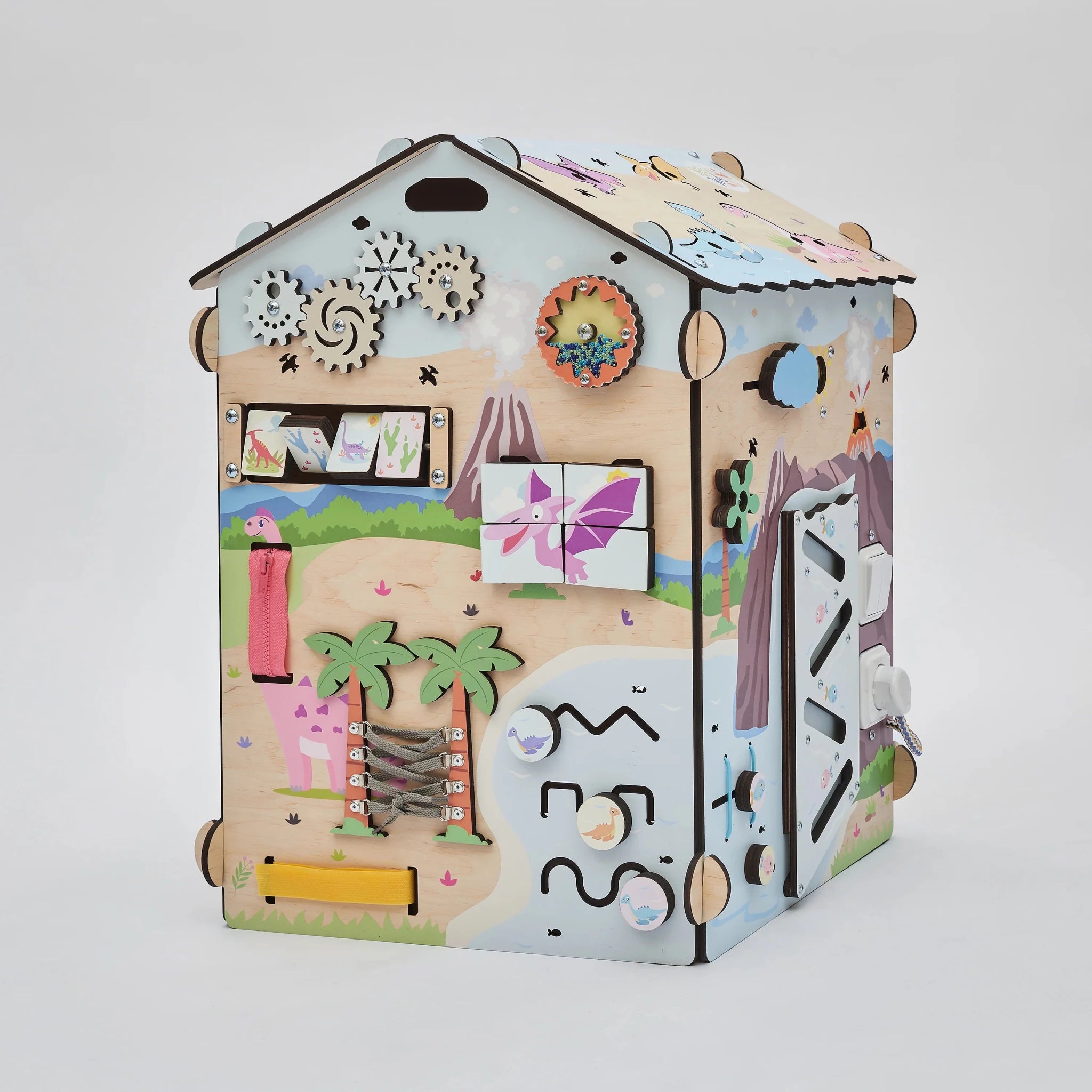 Busy Board Maisonnette Éducative DINO Équipé d'un Éclairage - Bois Natura, 12 à 18 mois - BusyKids - myplayground