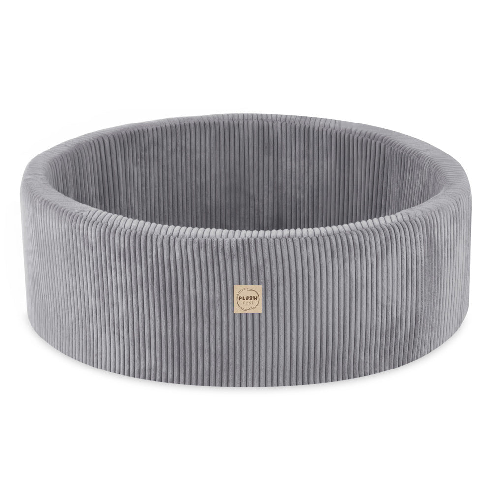 Terrain de jeu 3 éléments + dry pool 90x30 – Velours côtelé gris premium (+200 balles : perle, argent, bleu clair), aire de jeux – Plush Nest - myplayground