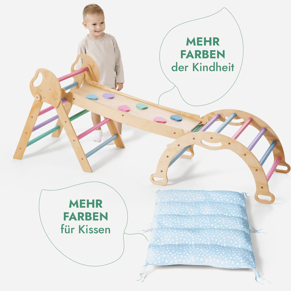 Montessori 4-In-1 Climbing Set For Toddlers 1-3 Pikler Triangle Climbing Arch Slide Board Cushion Pastel by Goodevas
