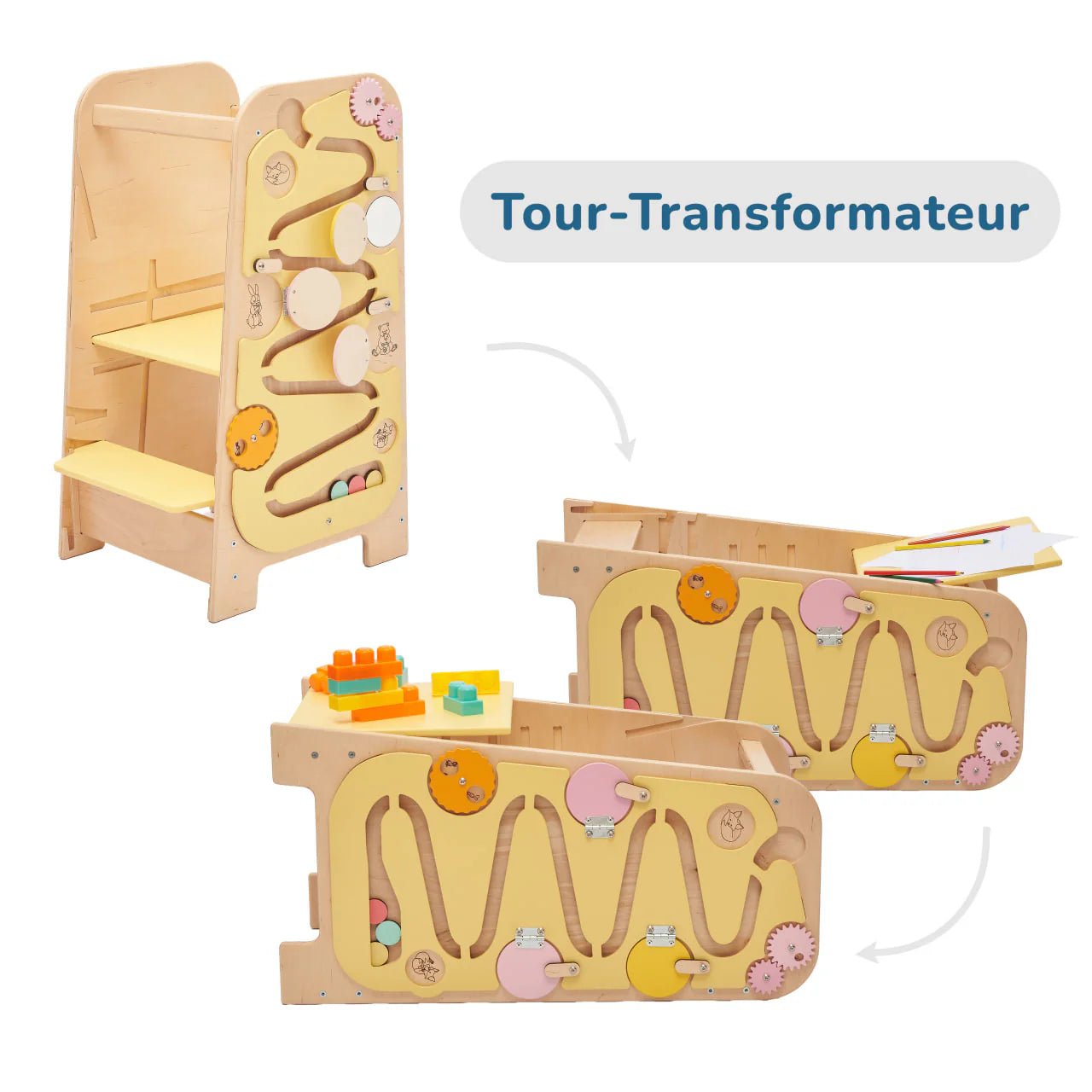 Tour d’Apprentissage Multifonctions 5 en 1 - vanille, bois brut (non verni), 18 à 24 mois - BusyKids - by BusyKids