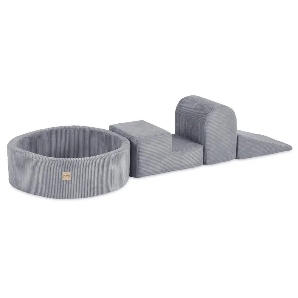 Terrain de jeu 3 éléments + dry pool 90x30 – Velours côtelé gris premium (+200 balles : perle, argent, bleu clair), aire de jeux – Plush Nest by Misioo