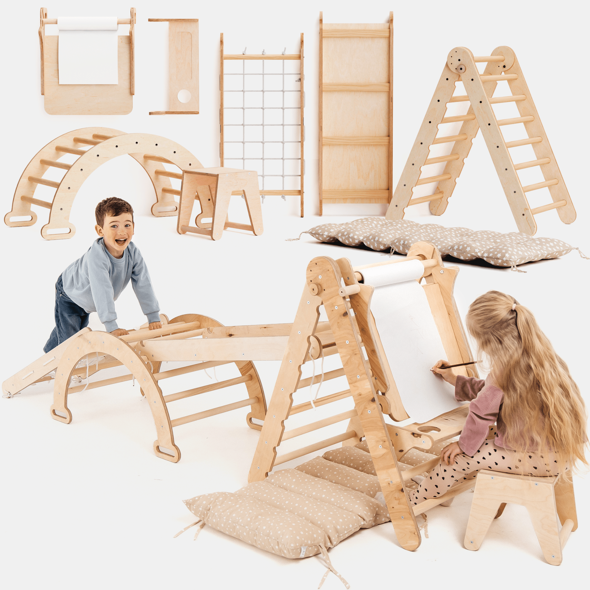 7in1 Montessori Klettergerüst Set: Kletterdreieck, Kletterbogen mit Kissen, Rutsche, Kletternetz, Maltafel und Kinderstuhl, für Kinder 1 - 7 Jahre – Beige - myplayground