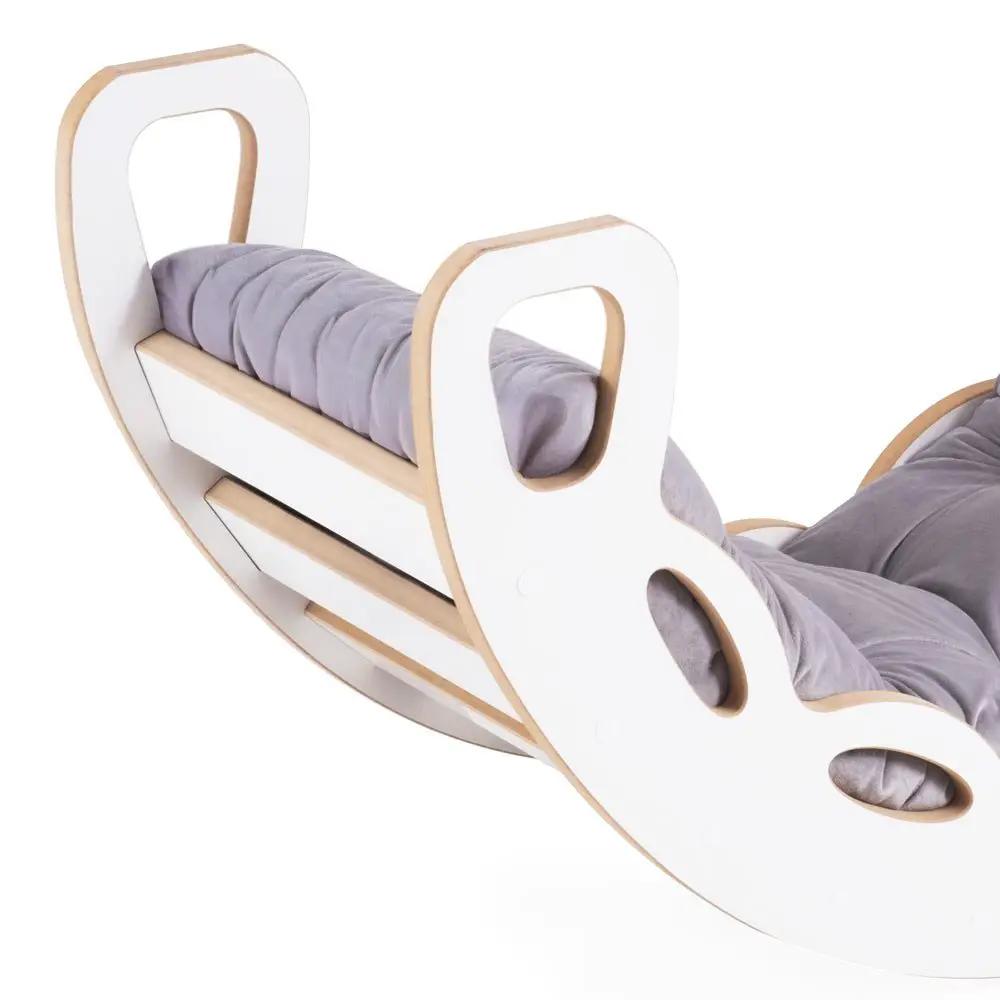 Bascule 4 en 1 - bois blanc, avec mur d’escalade, toboggan et coussin en velours gris, motricité - Plush nest by Misioo
