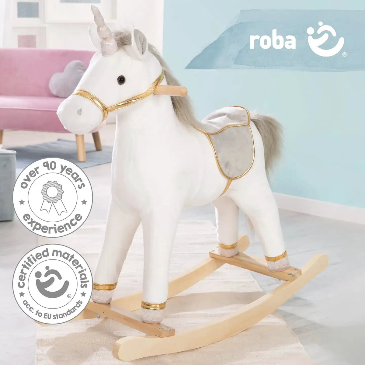ROBA | Selle à bascule en forme de licorne, rembourrée, grise. De 2 à 6 ans. by ROBA