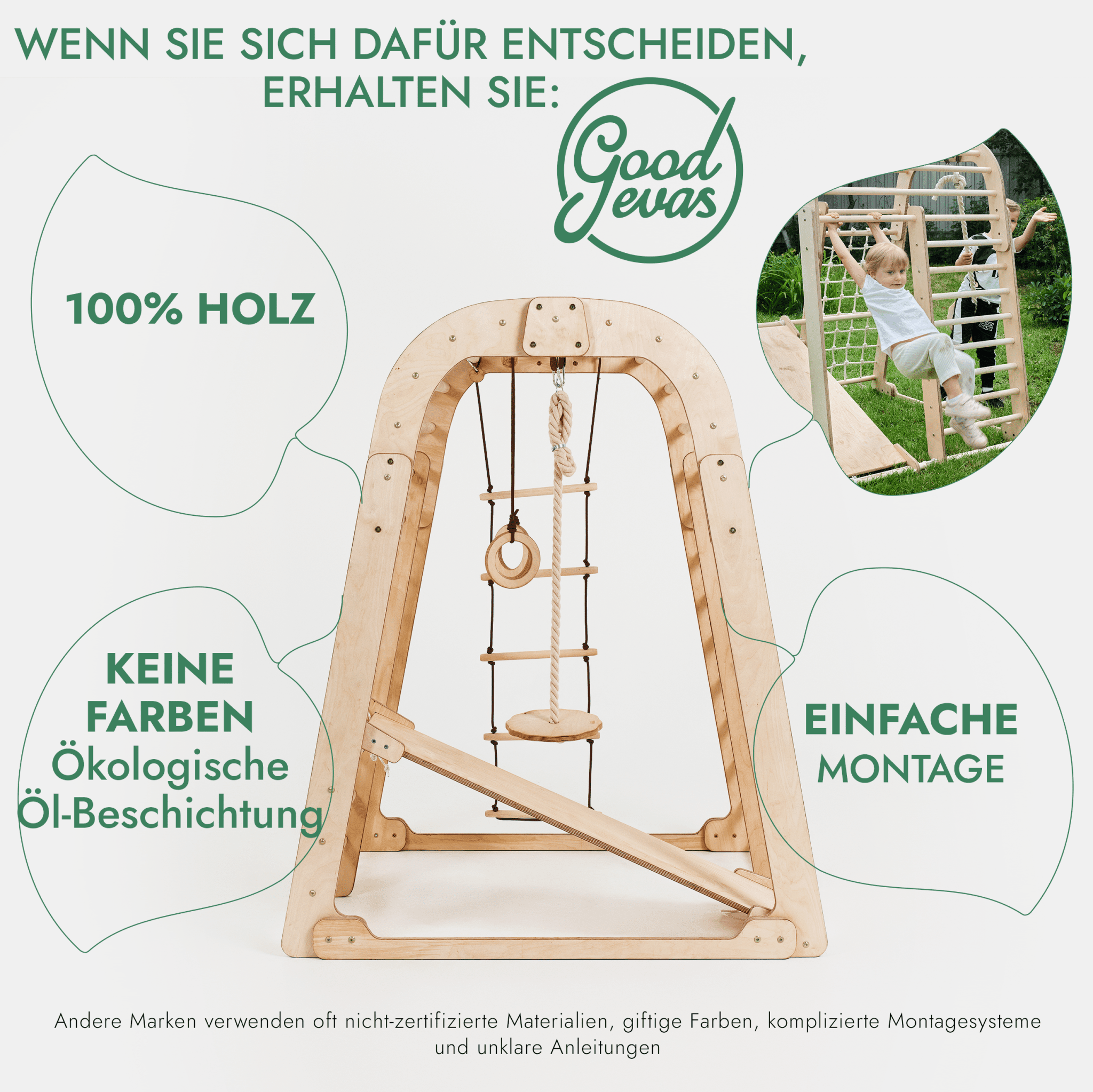 6in1 Indoor Spielplatz für Kinder: Klettergerüst mit Kletternetz, Rutsche, Gymnastikringe, Hängende Leiter und Disc - Schaukel – Beige - myplayground