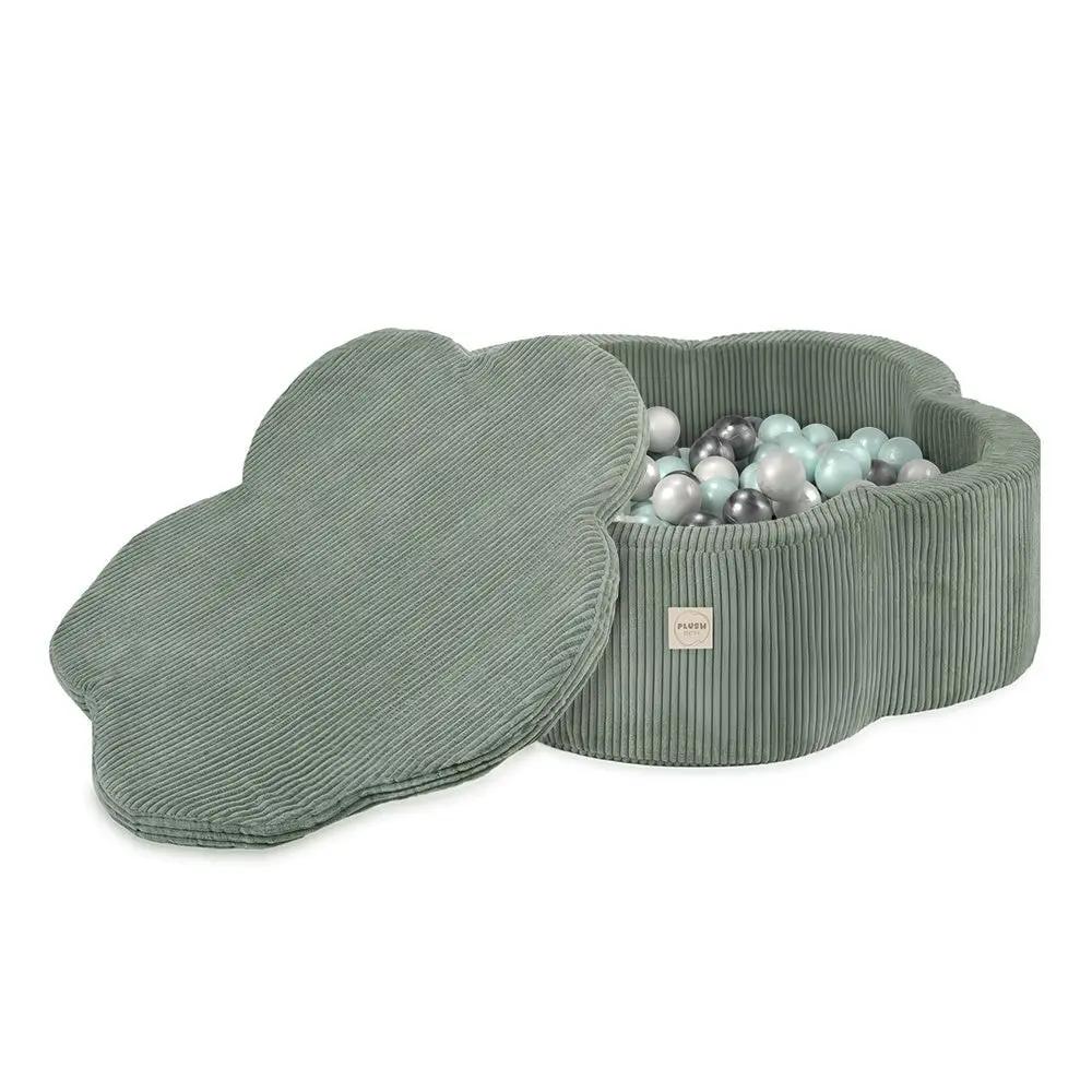 Piscine à balles avec tapis, 95x30, vert, velours côtelé premium, Floral Fun Zone (+ 200 boules perle, perle menthe, argent) - Plush Nest - Misioo by Misioo