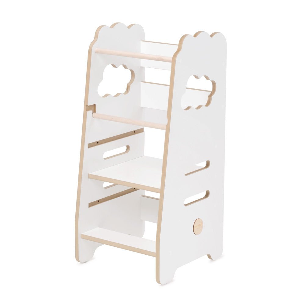 Tour d'apprentissage enfant - blanc nuage, bois, 2 niveaux, montessori en bois, tabouret pour enfant - Plush Nest - myplayground