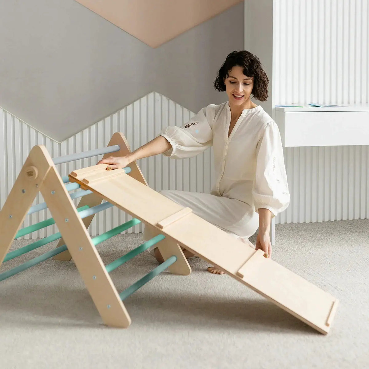 Ensemble triangle pikler + 2 Planches à Double Face + Bascule d’Équilibre - Menthe, bois natura, 12 à 18 mois - BusyKids by BusyKids