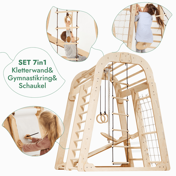 8in1 Indoor Spielplatz: Klettergerüst mit Kletternetz, Rutsche, Gymnastikringe, Hängende Leiter, Disc - Schaukel, Maltafel und Kinderstuhl – Beige - myplayground