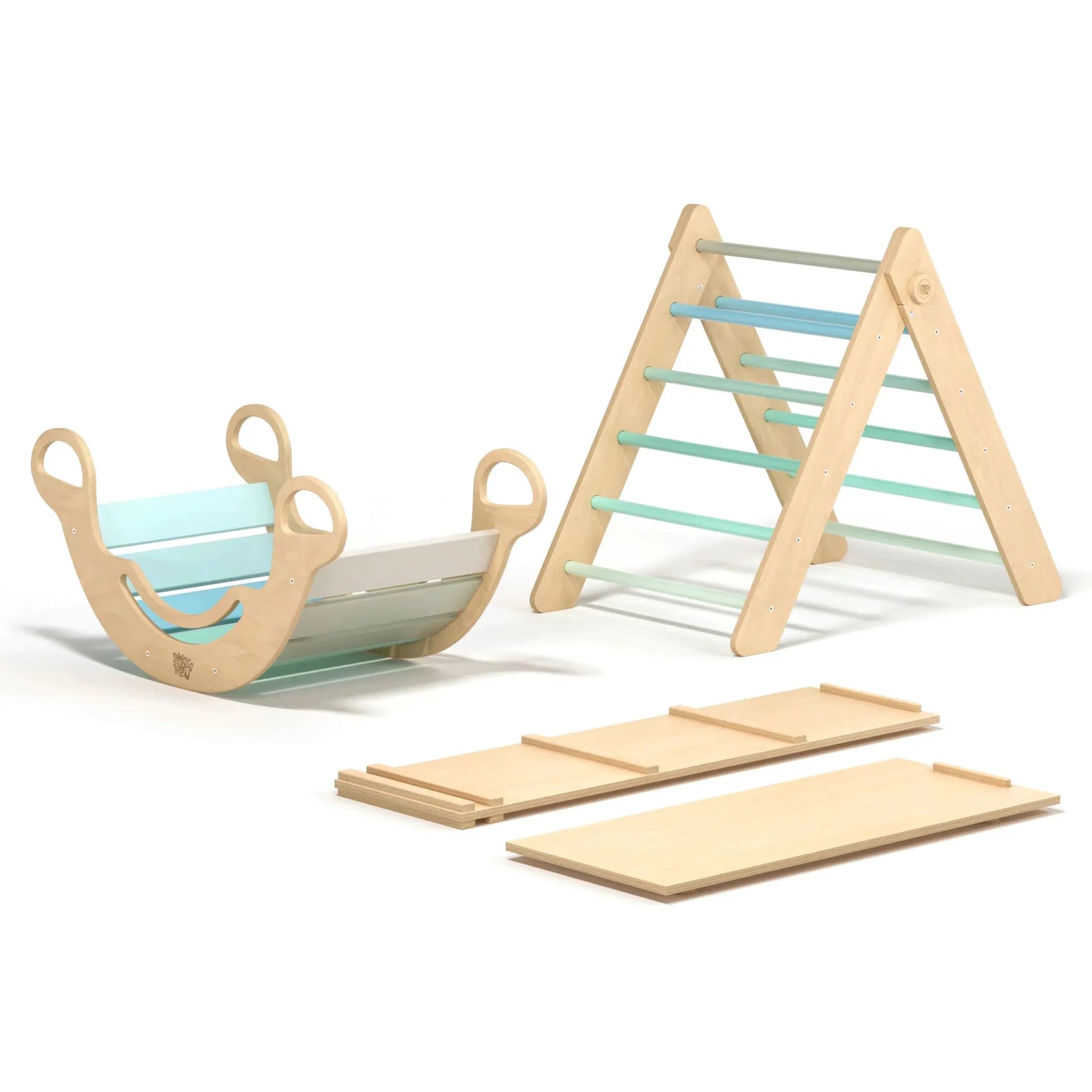 Ensemble triangle pikler + 2 Planches à Double Face + Bascule d’Équilibre - Menthe, bois natura, 12 à 18 mois - BusyKids by BusyKids