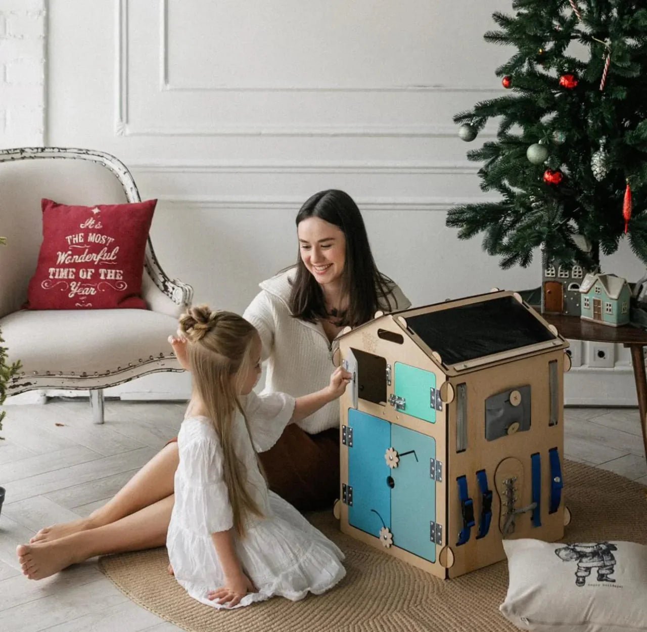 Ensemble Maisonnette et Cube Interactif - menthe, bois natura, 12 à 18 mois - BusyKids - myplayground