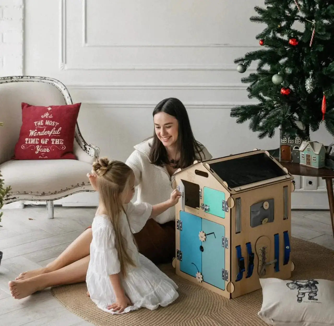 Ensemble Maisonnette et Cube Interactif - menthe, bois natura, 12 à 18 mois - BusyKids by BusyKids