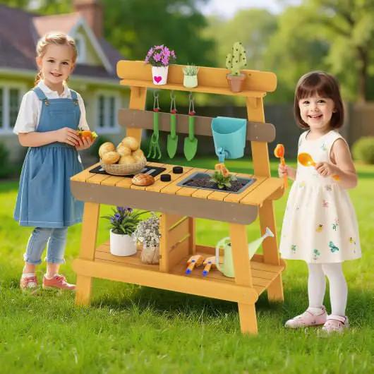 Outdoor Mud Kitchen for Kids Wooden Play Kitchen Toy for Boys Girls Aged 3-8-Yellow by myplayground