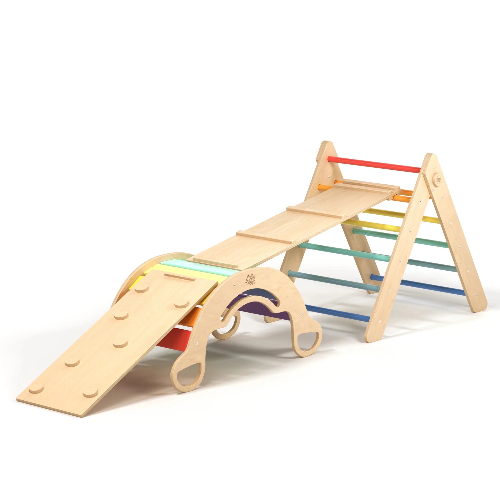 Ensemble triangle pikler + 2 Planches + bascule d’équilibre - arc - en - ciel, Bois Natura, 12 à 18 mois - BusyKids - myplayground