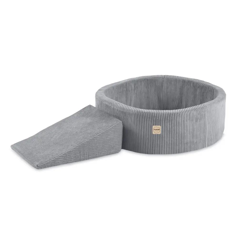 Terrain de jeu Dry pool + triangle – Velours côtelé gris premium, aire de jeu (+200 balles : perle, argent, bleu clair) – Plush Nest by Misioo