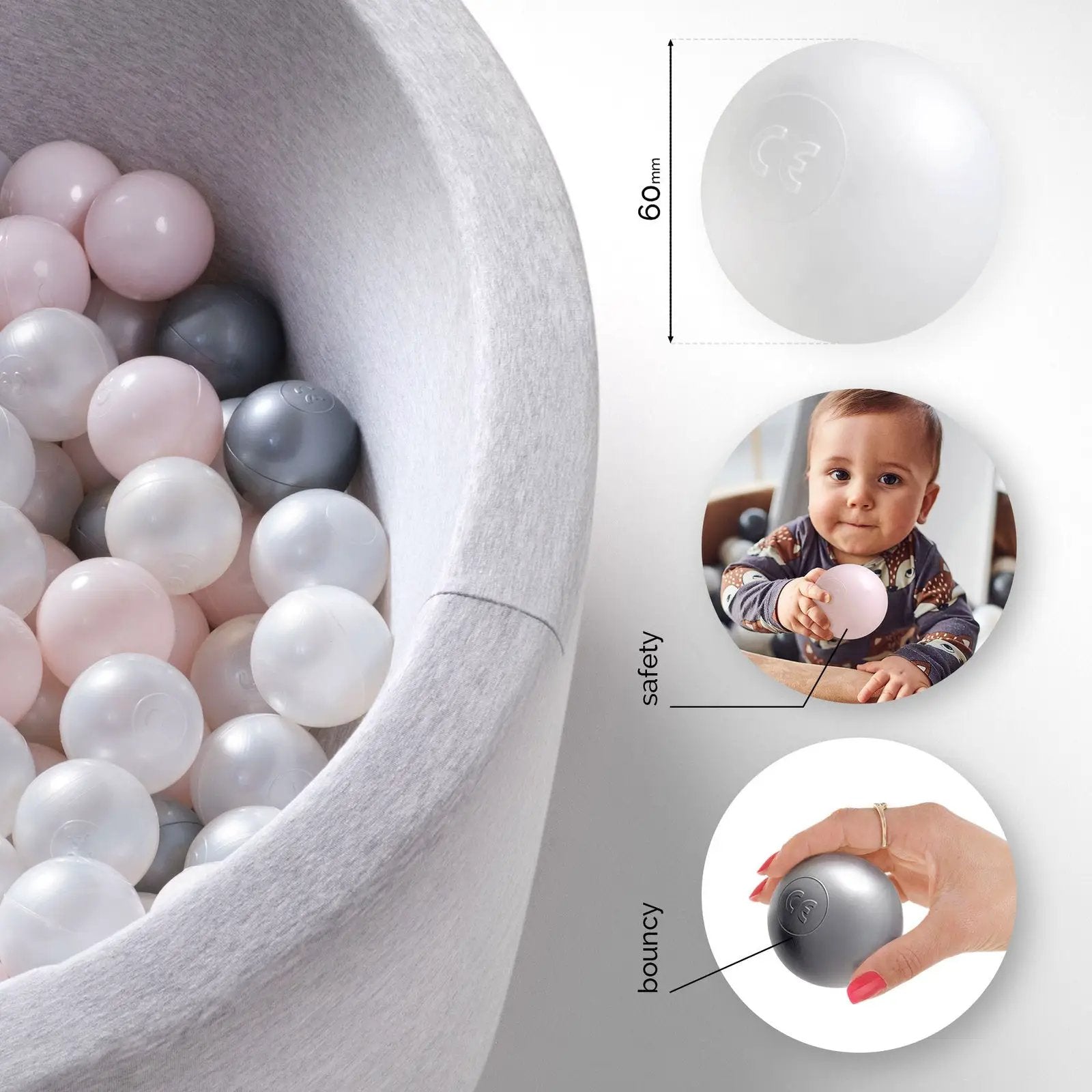 Boule de piscine à balles - 6 cm, lot de 200 pcs : perle, argent, perle rose clair - Plush Nest - Misioo by Misioo
