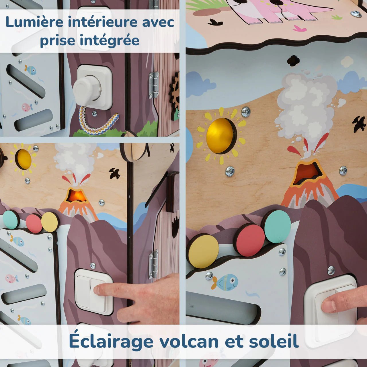 Busy Board Maisonnette Éducative DINO Équipé d'un Éclairage - Bois Natura, 12 à 18 mois - BusyKids - myplayground