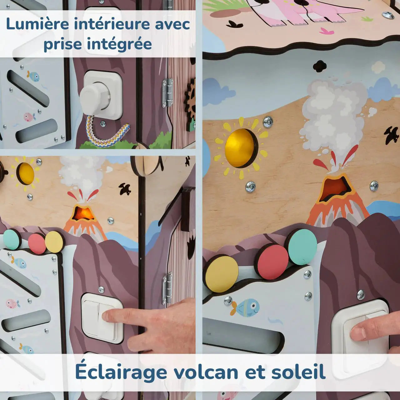 Busy Board Maisonnette Éducative DINO Équipé d'un Éclairage - Bois Natura, 12 à 18 mois - BusyKids by BusyKids