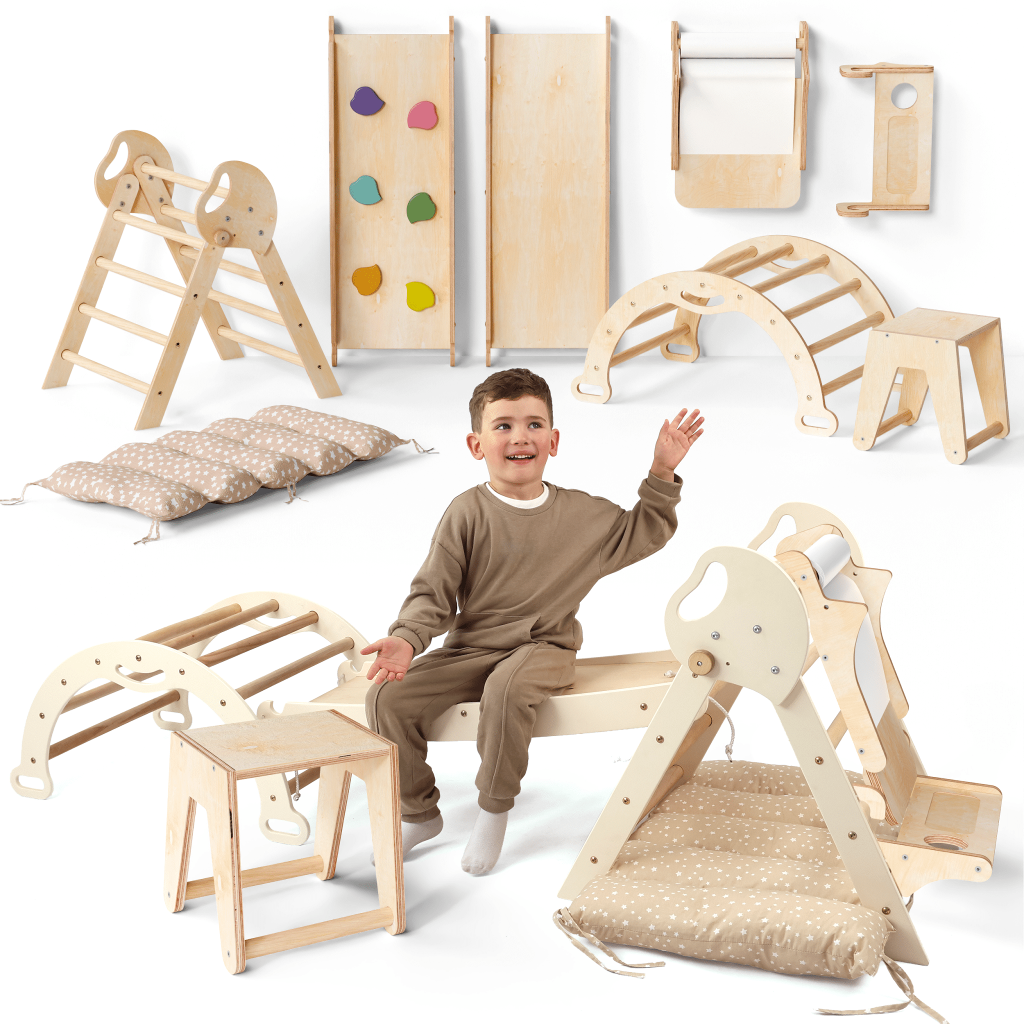 Montessori 5in1 Kletterdreieck für Babys: Pikler - Dreieck, Kletterbogen, Kunst - Erweiterung ,Rutschbrett und Kissen für Kleinkinder (1–3 Jahre) - myplayground