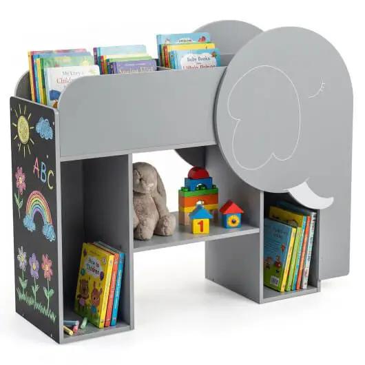 Montessori Bookshelf with Elephant Shape 3-Tier Toddler Toy Storage Organizer-Grey by myplayground