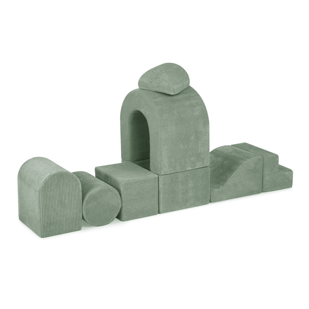 Château de terrain de jeu avec piscine +150 balles (perle, argent) – Velours côtelé vert premium – Plush Nest - myplayground