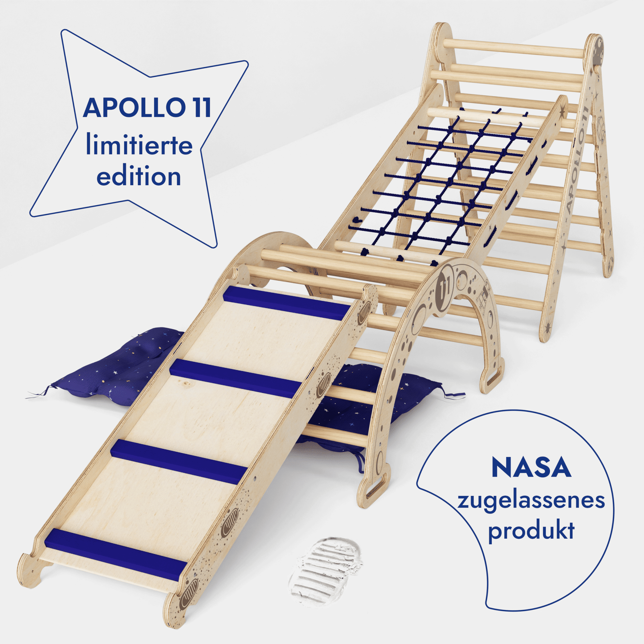 Apollo 5 - in - 1 Kletterset: Pikler - Dreieck, Kletterbogen, Rutschbrett, Kissen und Netz für kleine Astronauten - myplayground