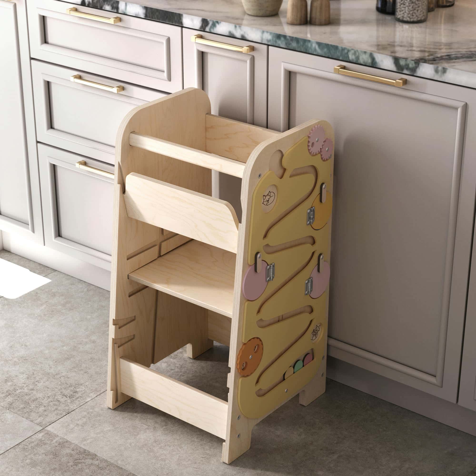 Tour d’Apprentissage Multifonctions 5 en 1 - vanille, bois brut (non verni), 18 à 24 mois - BusyKids - myplayground