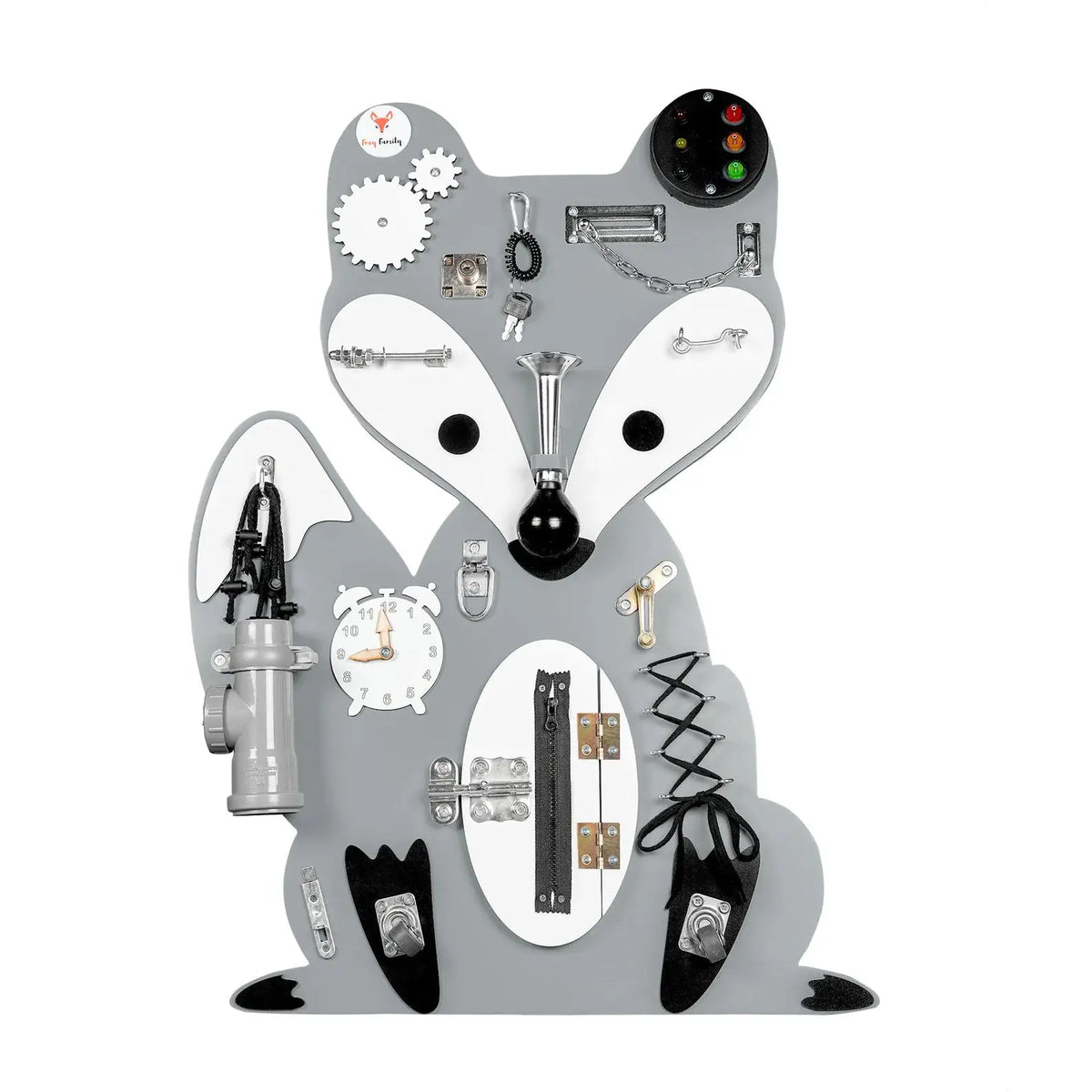 Fox Leo Gray Busy Board - Planche sensorielle - Jeu de motricite fine pour enfant ( 3 ans et + ) by FoxyFamily