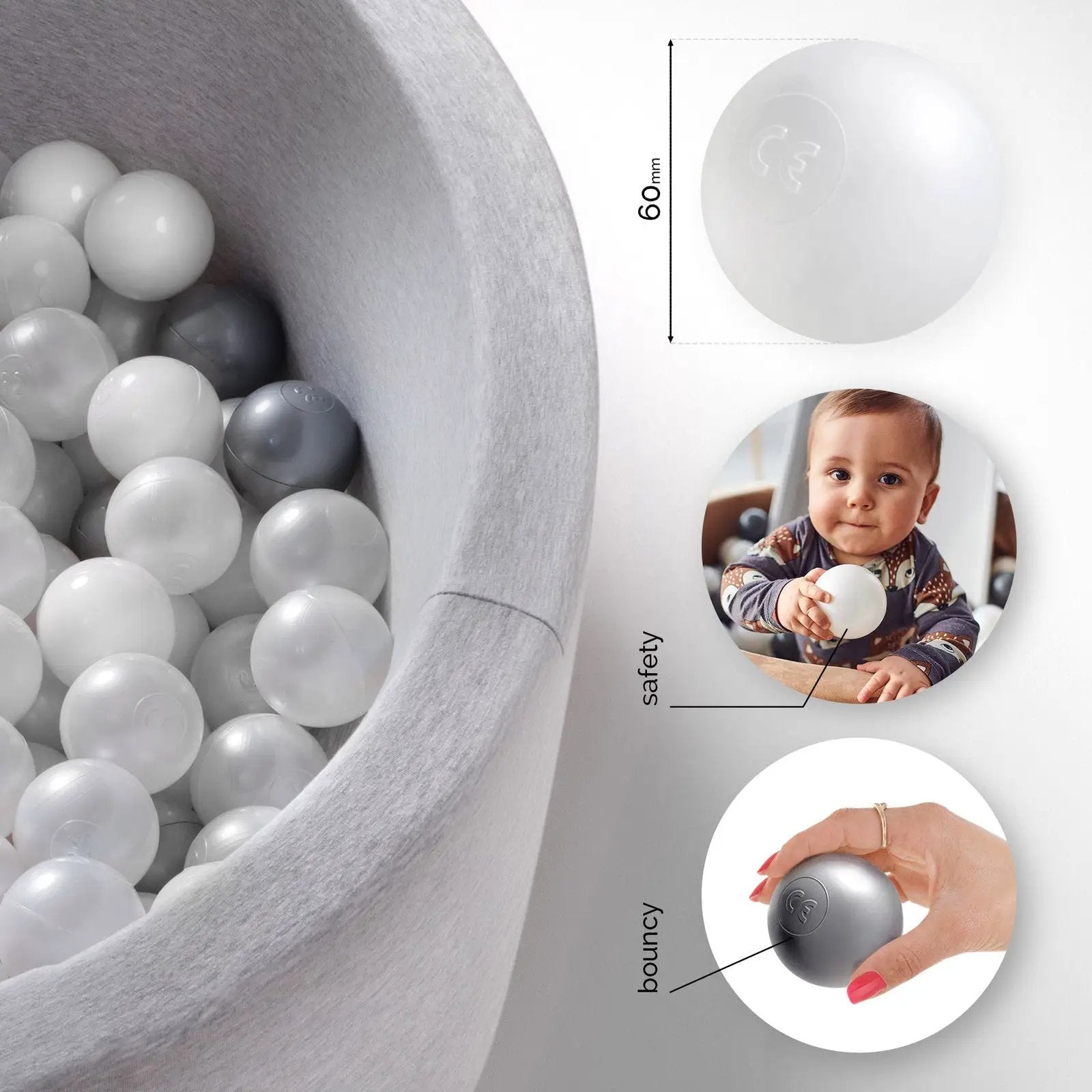 Boule de piscine à balles - 6 cm, lot de 200 pcs : perle, transparentes, argent - Plush Nest - Misioo by Misioo