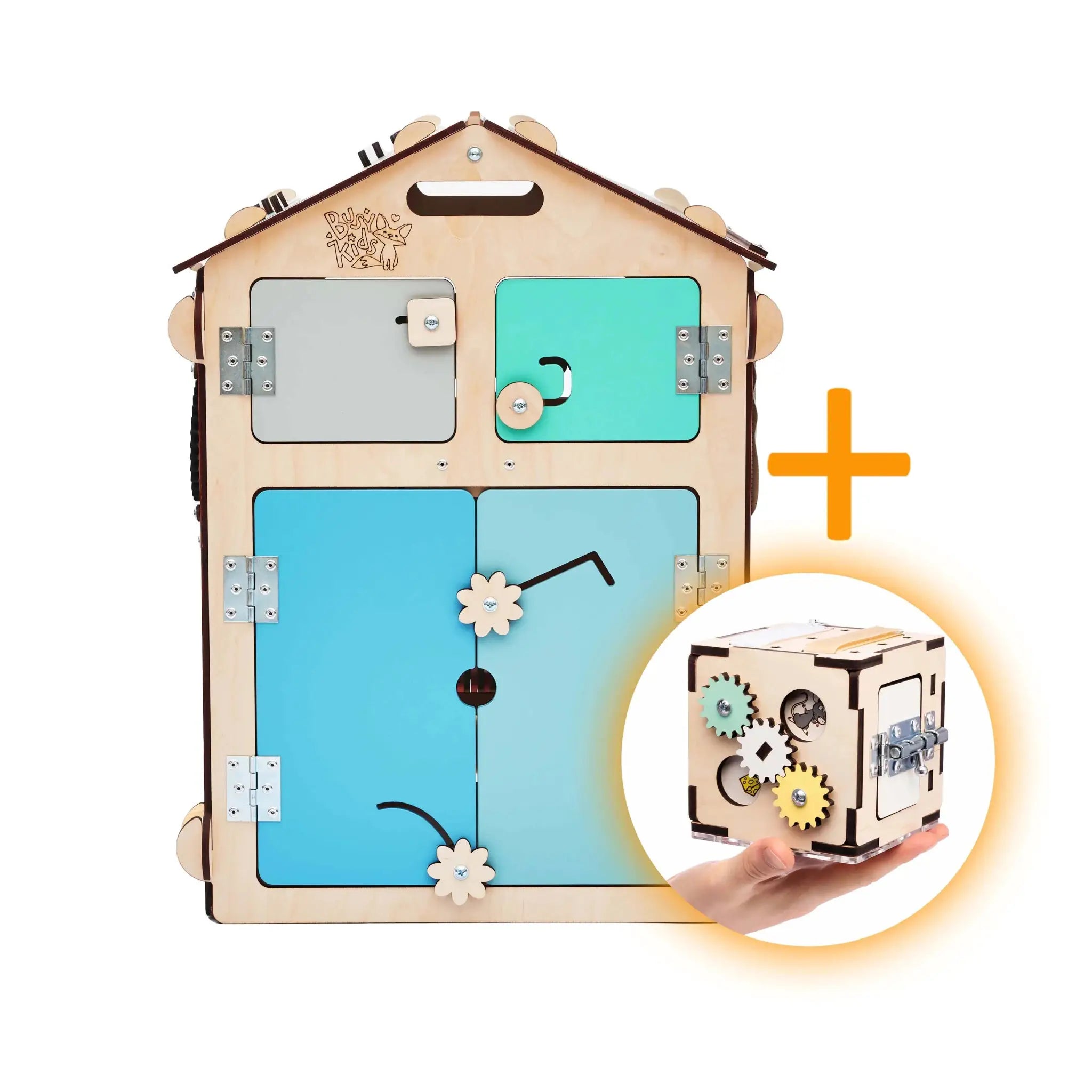 Ensemble Maisonnette et Cube Interactif - menthe, bois natura, 12 à 18 mois - BusyKids by BusyKids
