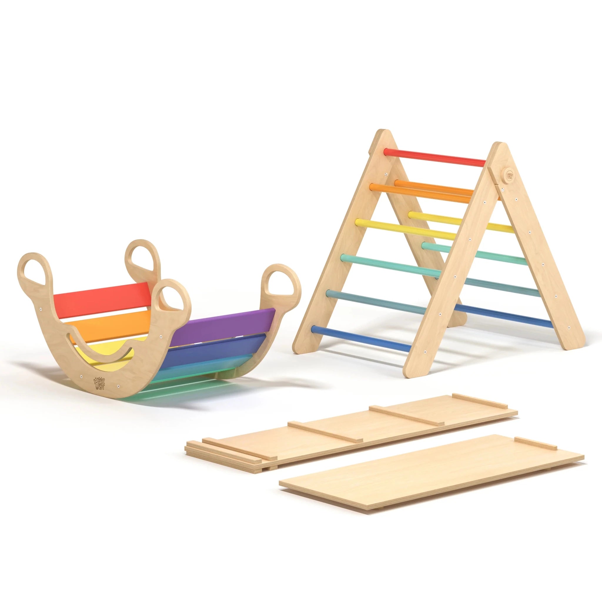 Ensemble triangle pikler + 2 Planches + bascule d’équilibre - arc - en - ciel, Bois Natura, 12 à 18 mois - BusyKids - myplayground
