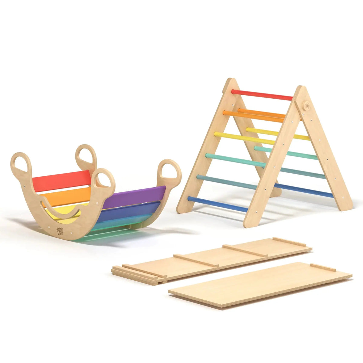 Ensemble triangle pikler + 2 Planches + bascule d’équilibre - arc-en-ciel, Bois Natura, 12 à 18 mois - BusyKids by BusyKids