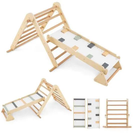3-in-1 Pikler Triangle Climbing Set Kids Foldable Montessori Toys with Ramp-Natural by myplayground