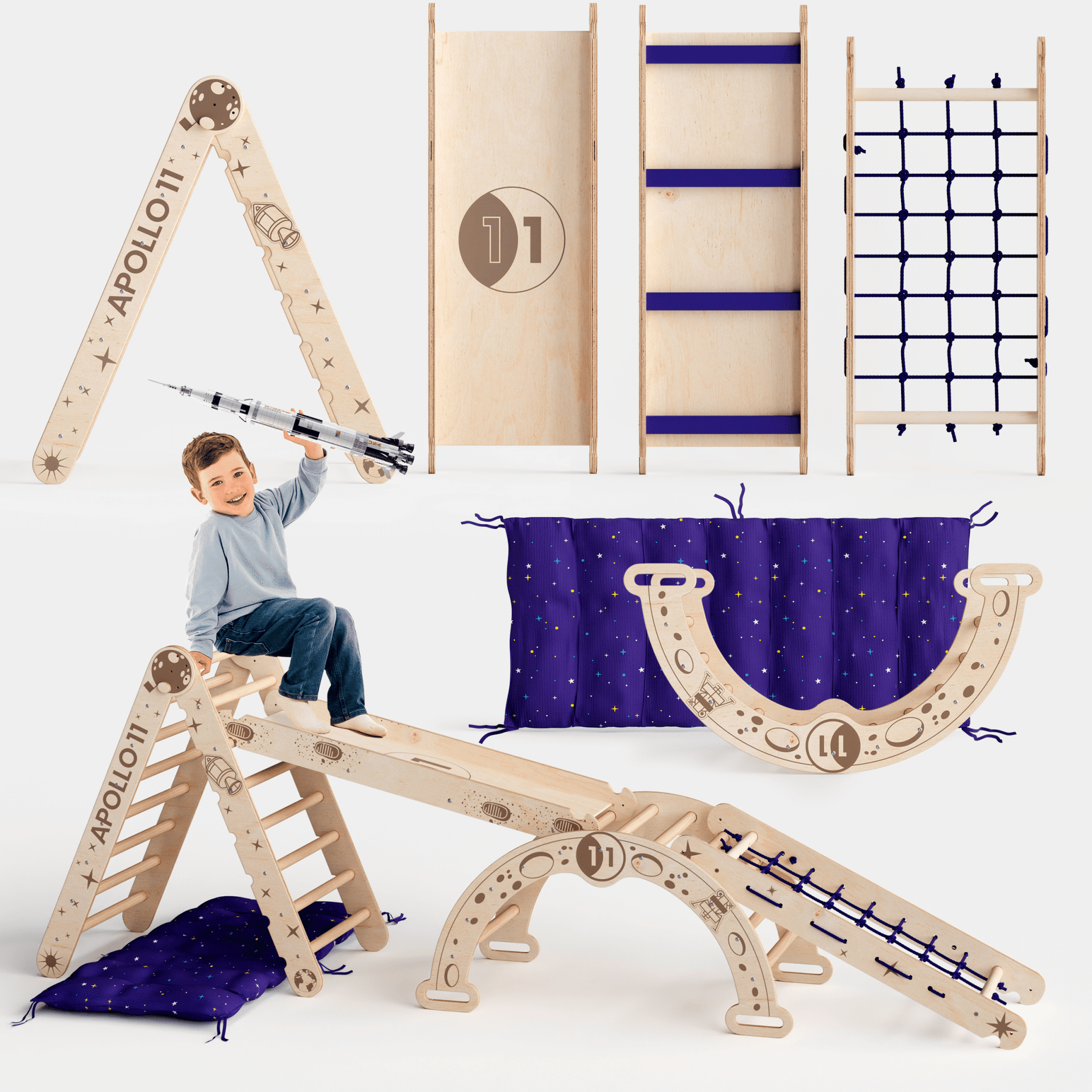 Apollo 5 - in - 1 Kletterset: Pikler - Dreieck, Kletterbogen, Rutschbrett, Kissen und Netz für kleine Astronauten - myplayground